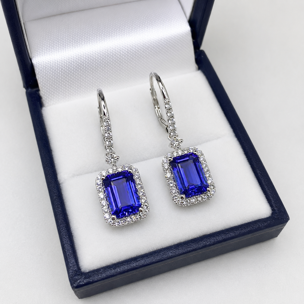 Emerald Cut Tanzanite & Diamond Halo Drop Earrings