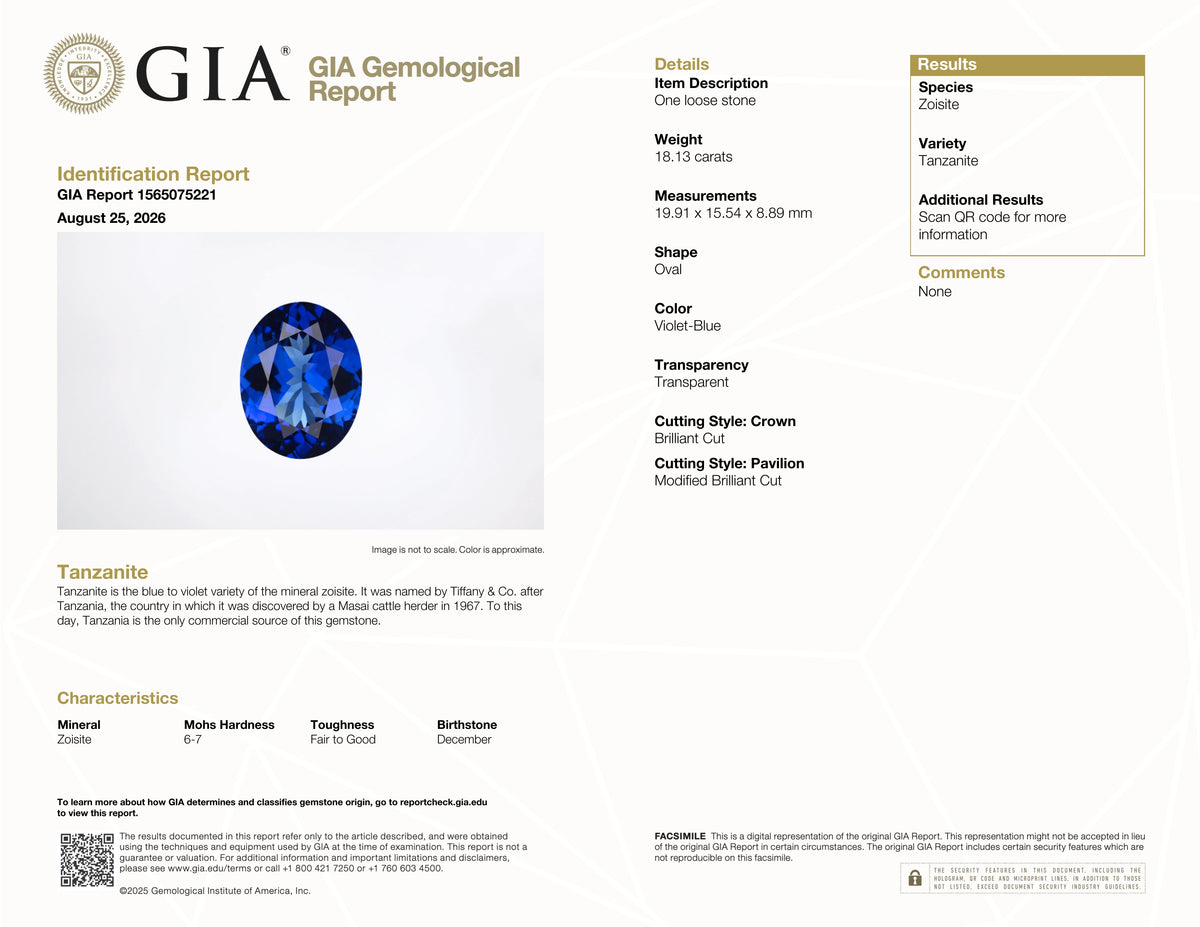 18.13 ct Oval Cut Tanzanite Gemstone – GIA Certified