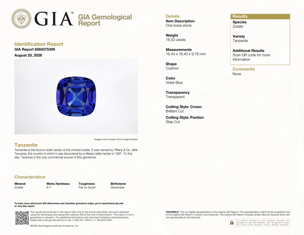 18.53 ct Cushion Cut Tanzanite Gemstone – GIA Certified
