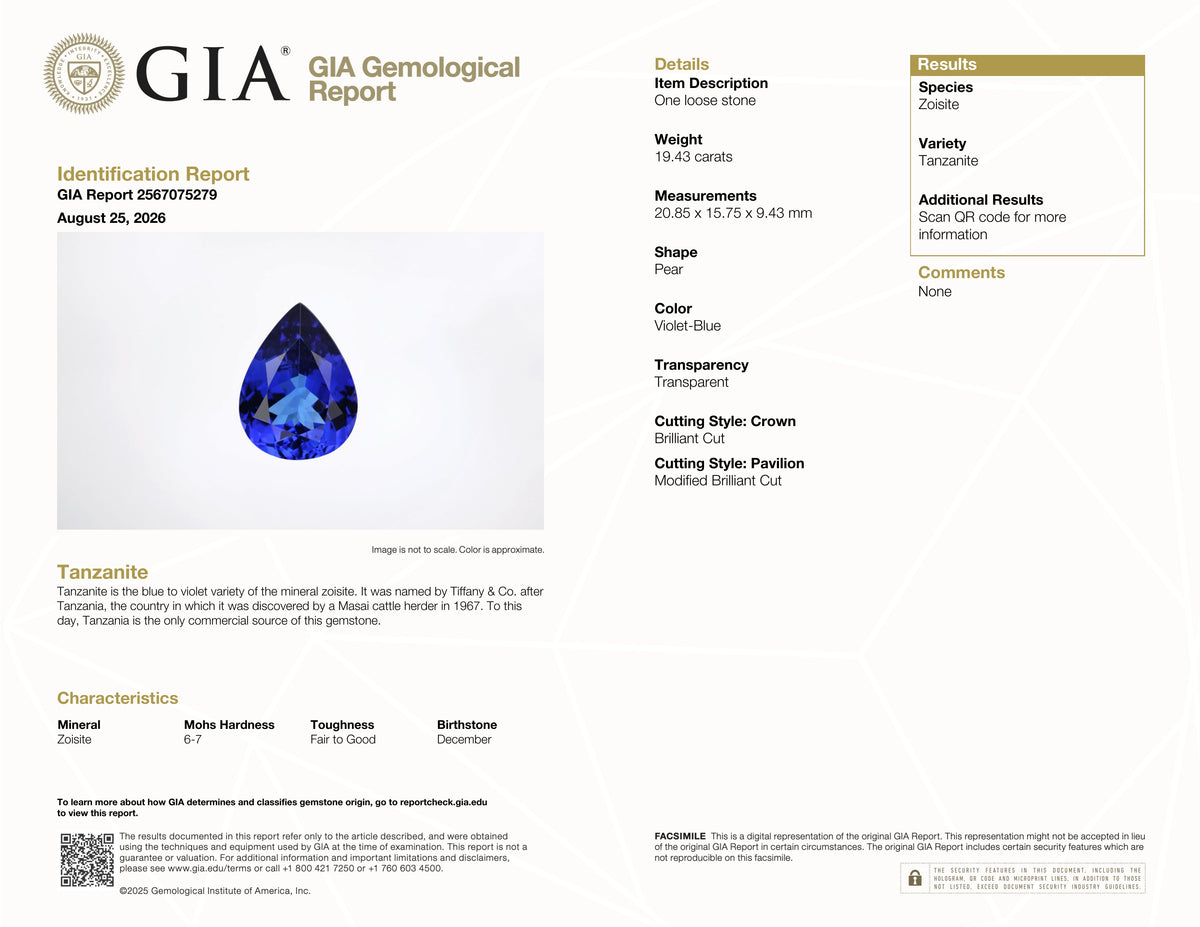 19.43 ct Pear Cut Tanzanite Gemstone – GIA Certified