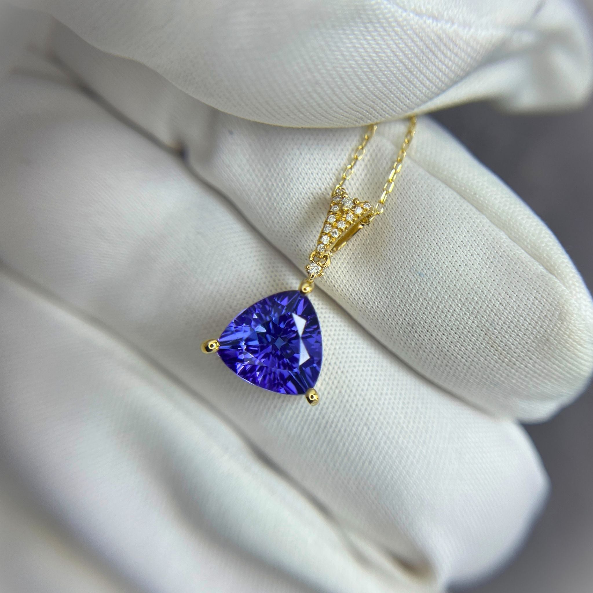 Brilliant 3.33 Carat Trillion Cut Tanzanite & Diamond Pendant in Yellow Gold