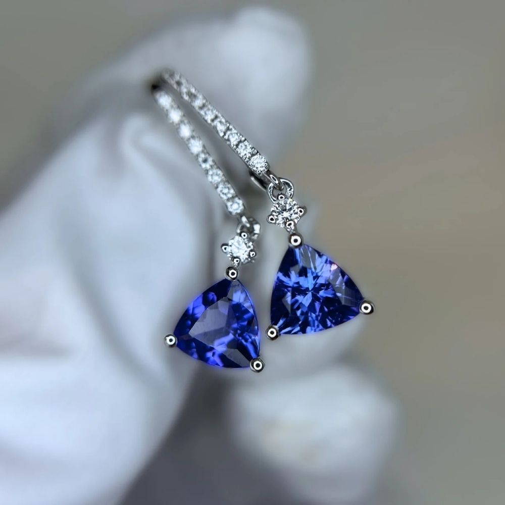2.46 Ct Tanzanite Trillion Cut & Diamond Earrings