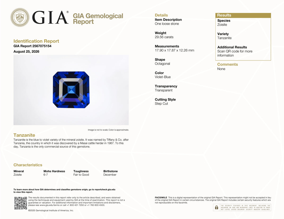 29.56 ct Emerald Cut Tanzanite Gemstone – GIA Certified