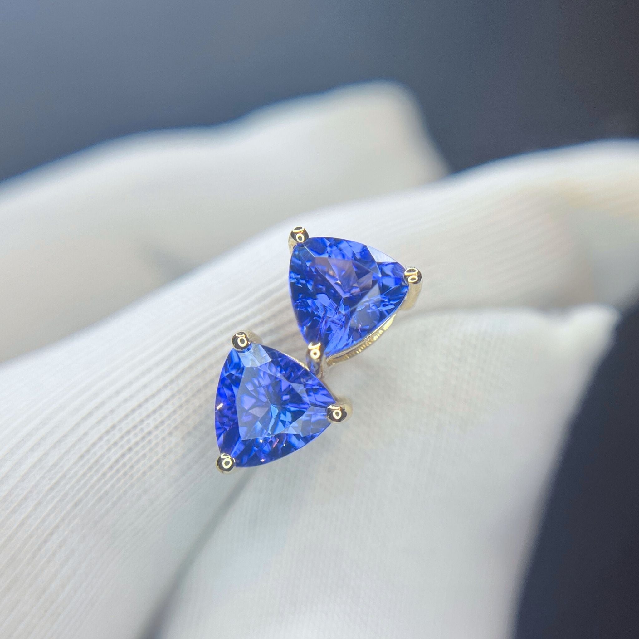 Trillion Cut Tanzanite Stud Earrings in Yellow Gold