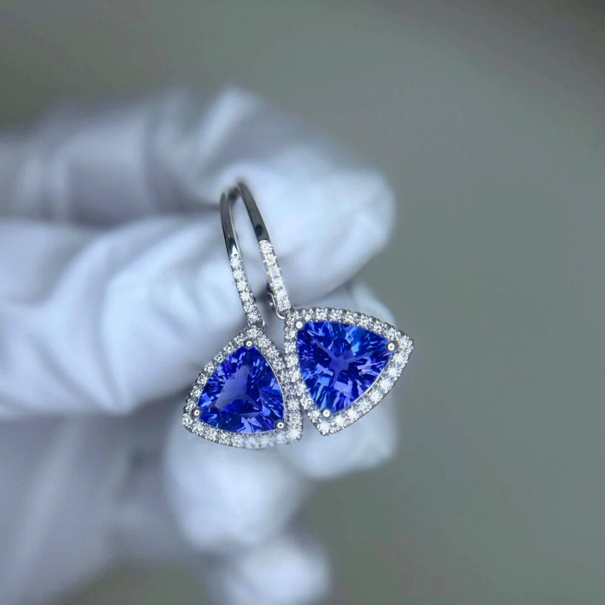 3.97 Ct Tanzanite Trillion Cut & Diamond Drop Earrings