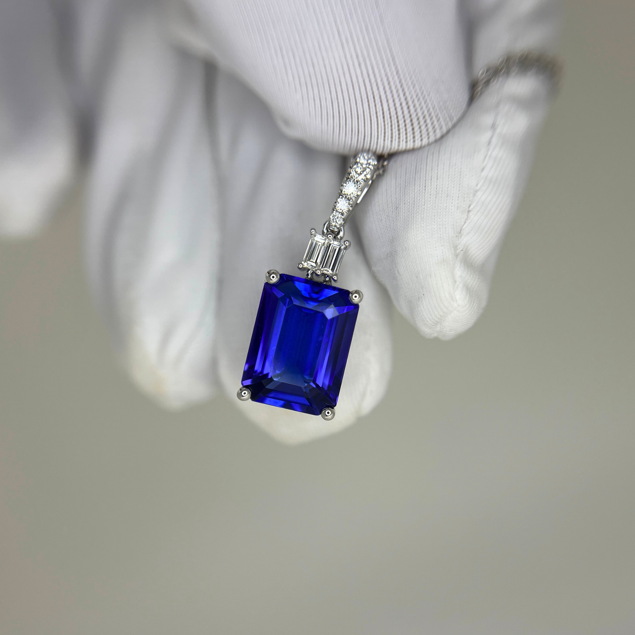 4.81 Carat Exceptional Emerald Cut Tanzanite & Diamond Pendant White Gold