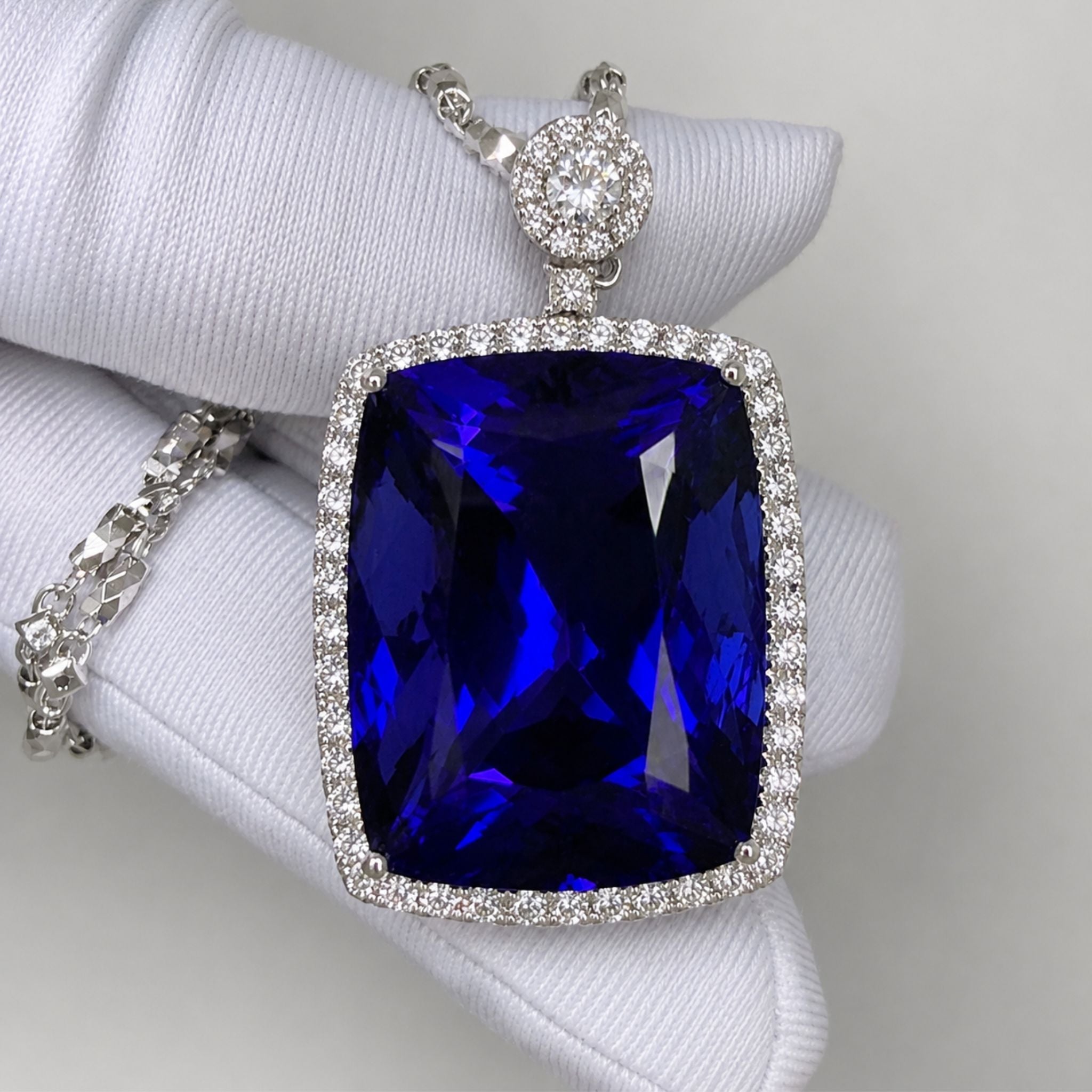 Investment-Grade Square 54 Carat Tanzanite and Diamond Pendant Necklace
