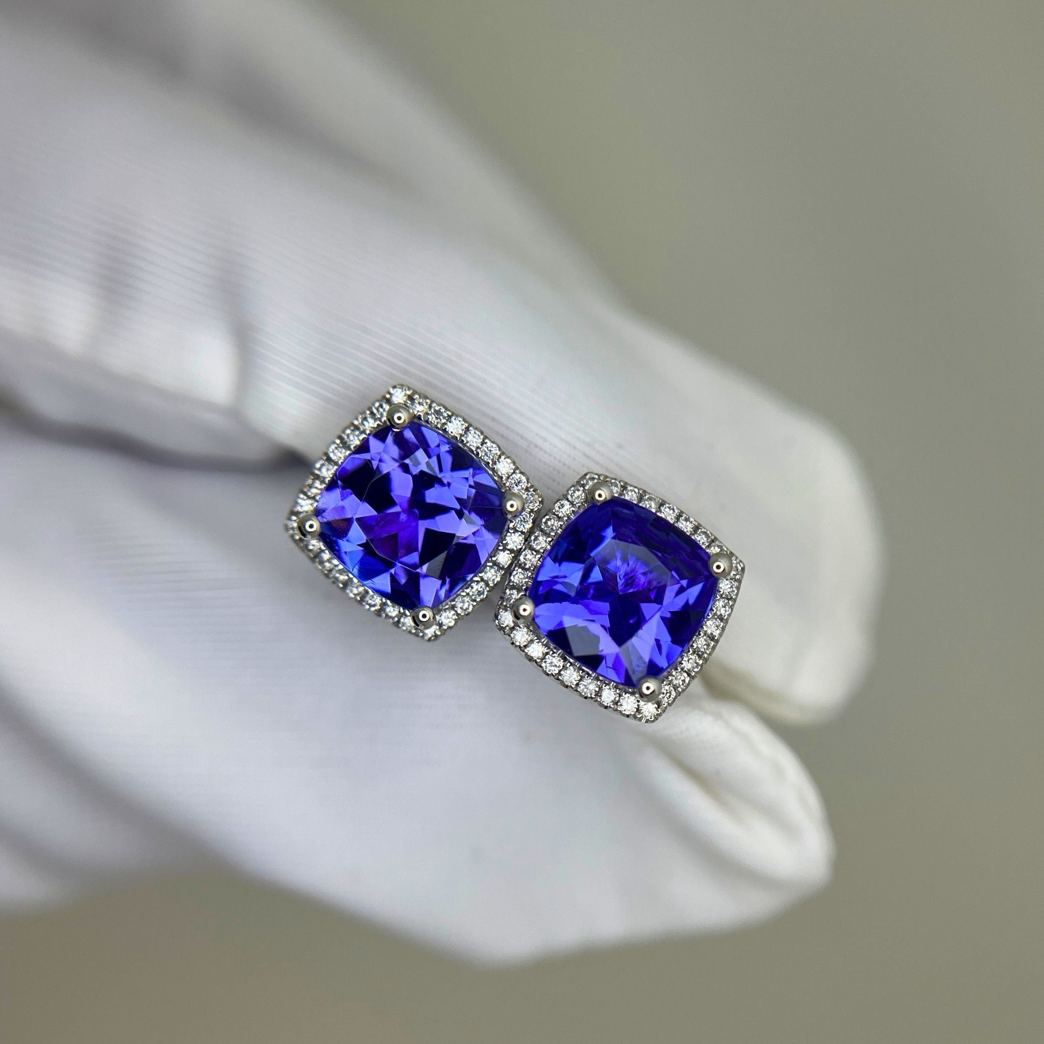 Cushion Cut & Diamond Halo Tanzanite Earrings