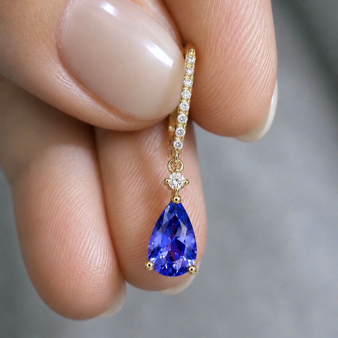 Pear-Shaped Tanzanite Drop Earrings in Yellow or Rose Gold - Made To Order
