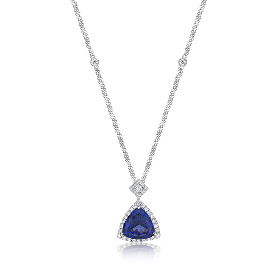 Magnificent 7.94 Ct Trillion Cut Tanzanite Necklace With Diamond Halo