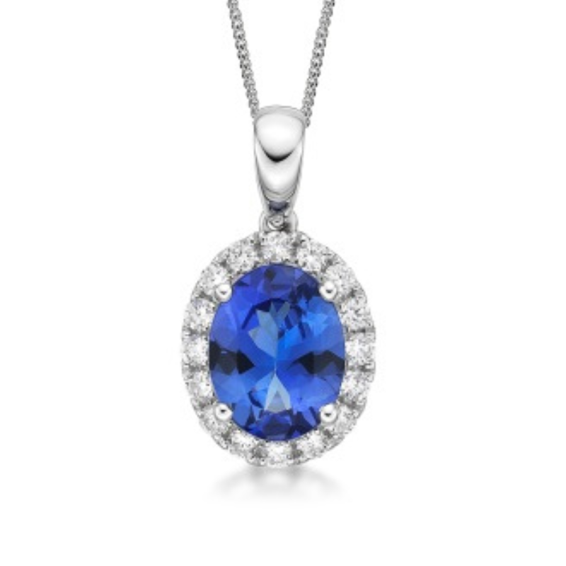 “Kate” Classic 2.00 Carat Oval Tanzanite & Diamond Halo Pendant.