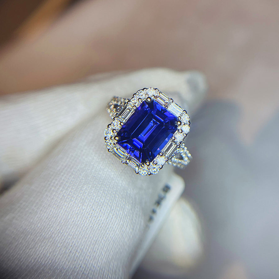 Emerald Cut Tanzanite & Baguette Diamond Ring – Made to Order
