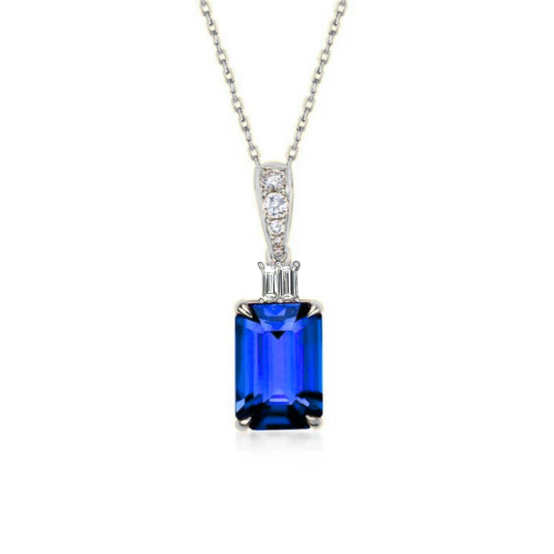 4.50 Exceptional Emerald Cut Tanzanite & Baguette Diamond Pendant White Gold - Made to Order