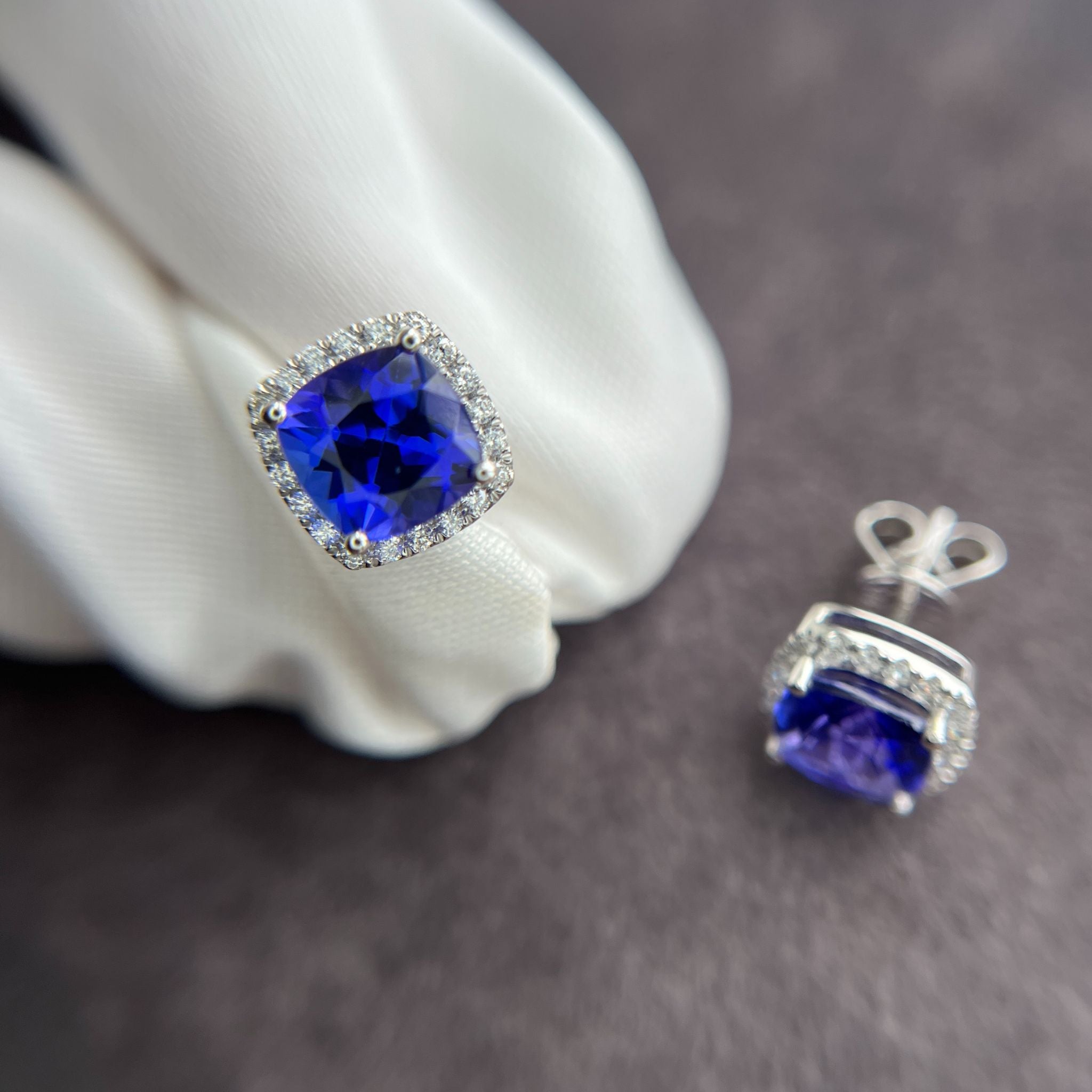 Exceptional 3.25 Ct Cushion Cut & Diamond Halo Tanzanite Earrings