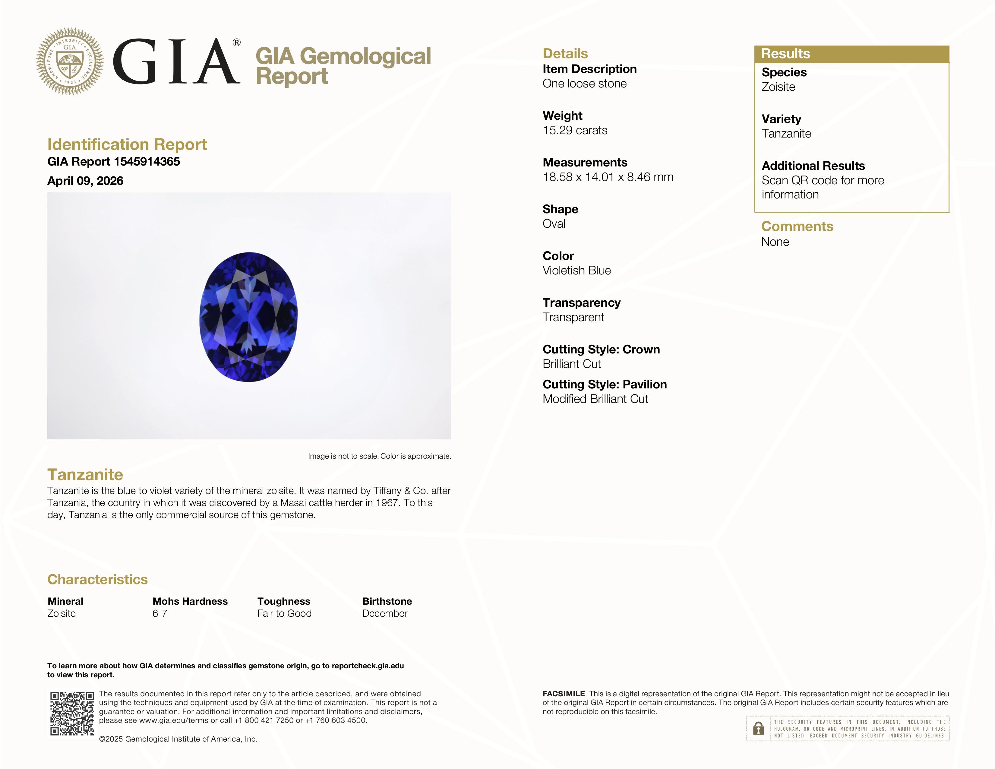 15.29 ct Oval Tanzanite Gemstone – GIA Certified