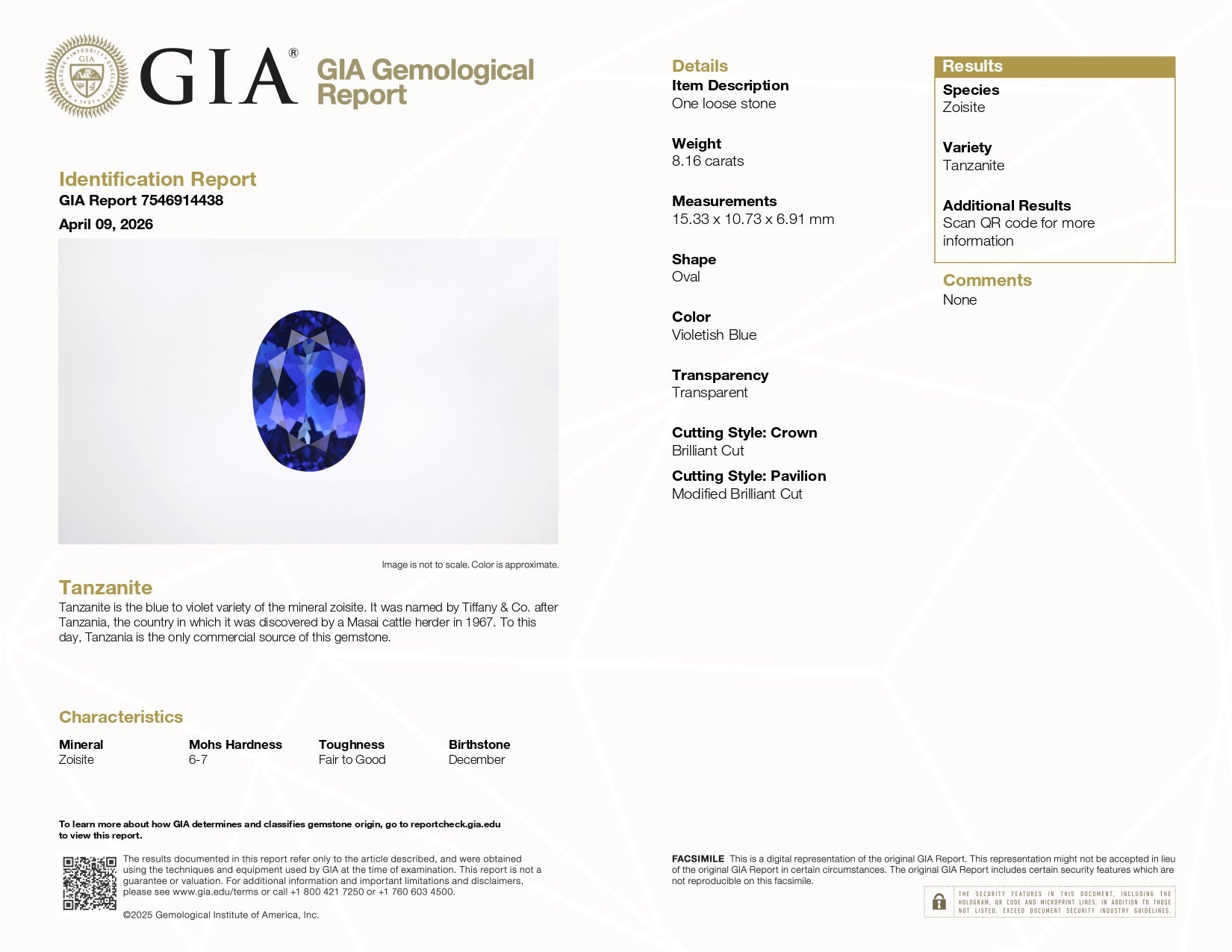 8.16 ct Oval Tanzanite Gemstone – GIA Certified