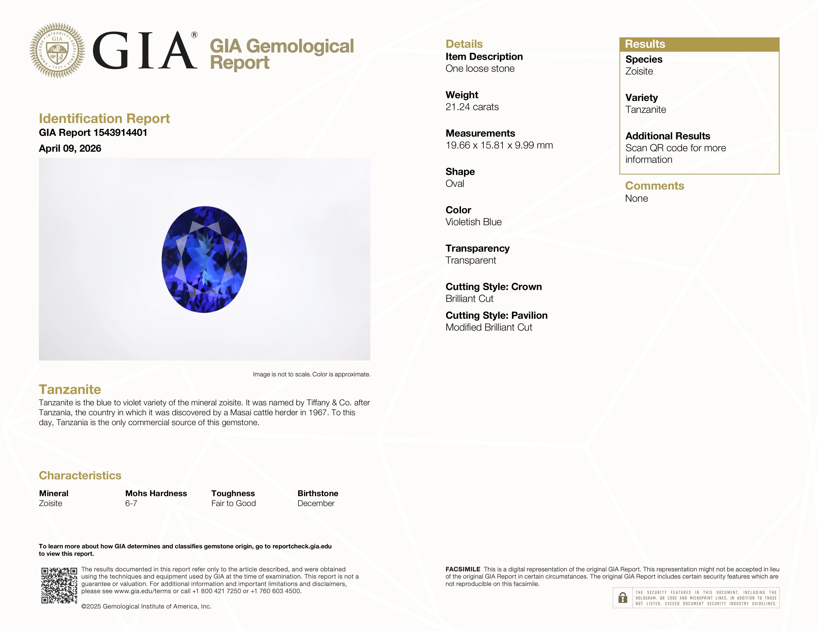 GIA tanzanite gemological report with a