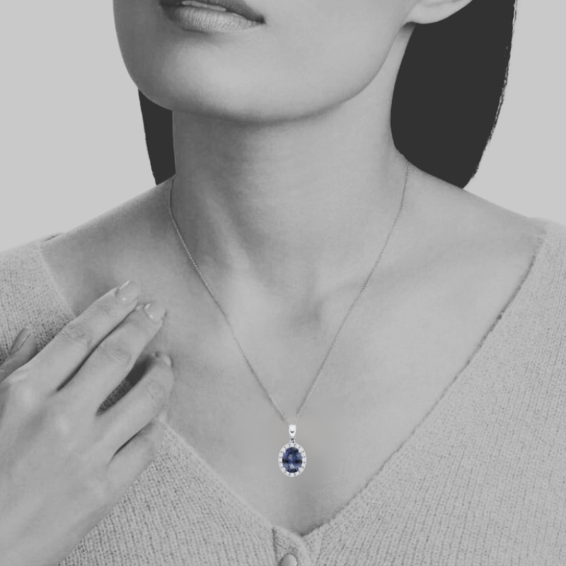 “Kate” Classic 2.00 Carat Oval Tanzanite & Diamond Halo Pendant.
