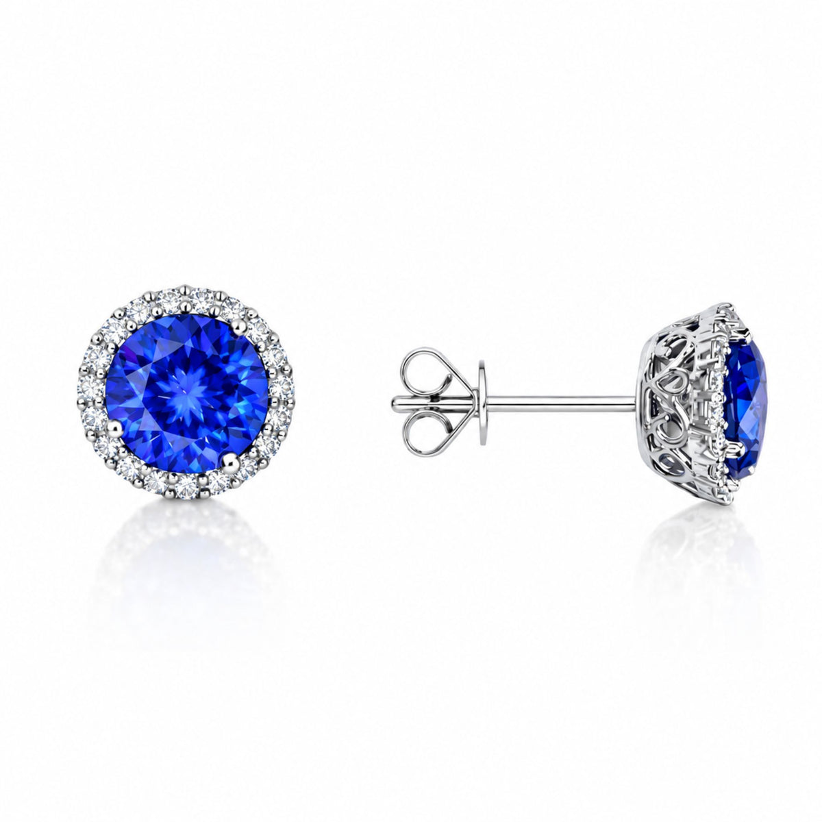Exceptional Tanzanite (+6 Carat) and Diamond Halo Stud Earrings – 18ct White Gold