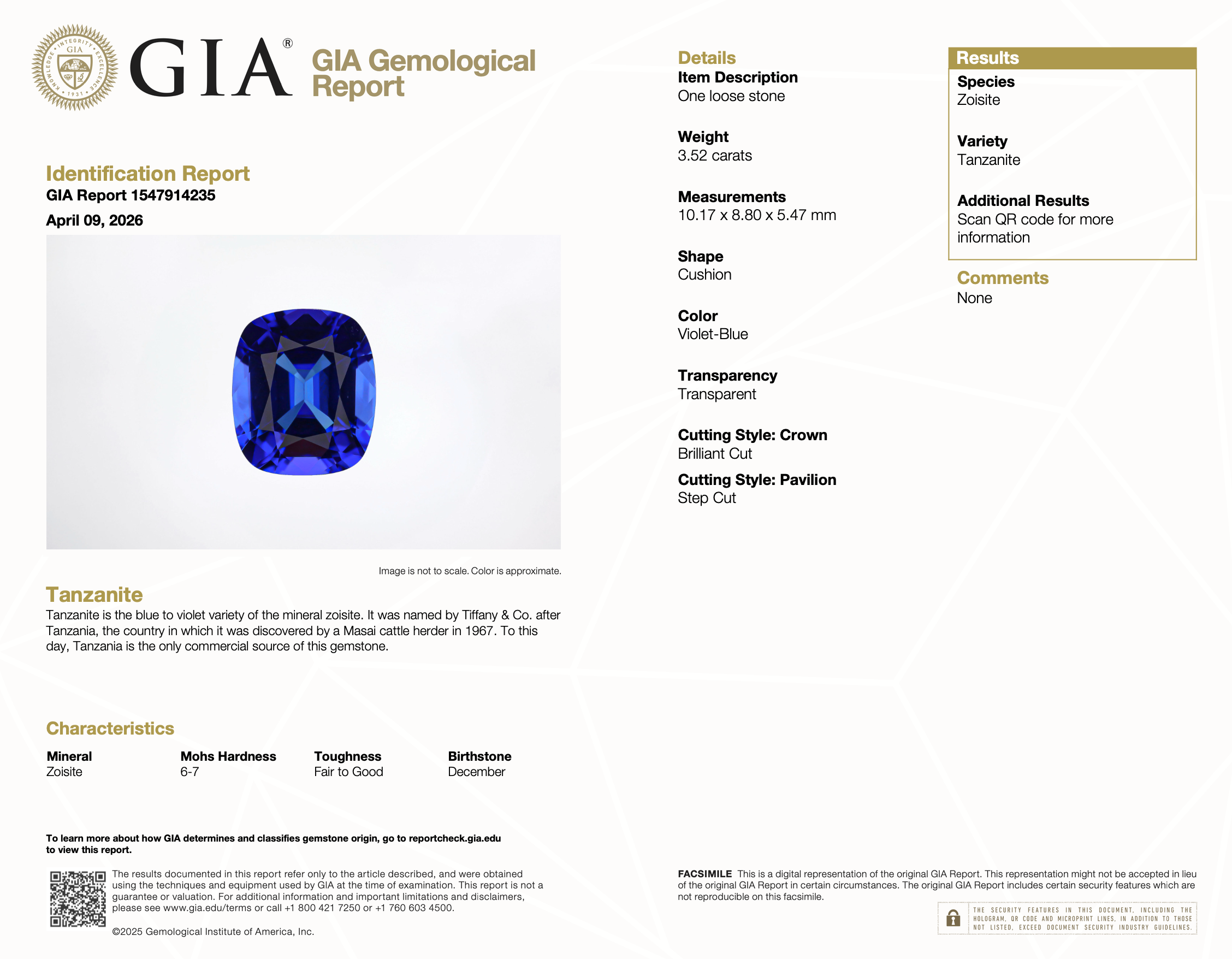 3.52 Carat Tanzanite Cushion Cut Gemstone