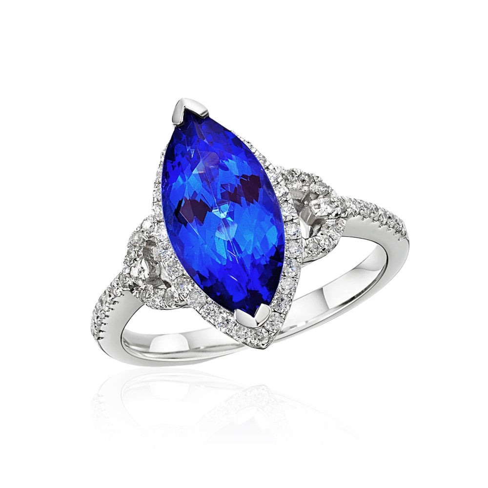 Marquise Cut Tanzanite Ring with Diamond Halo & Band