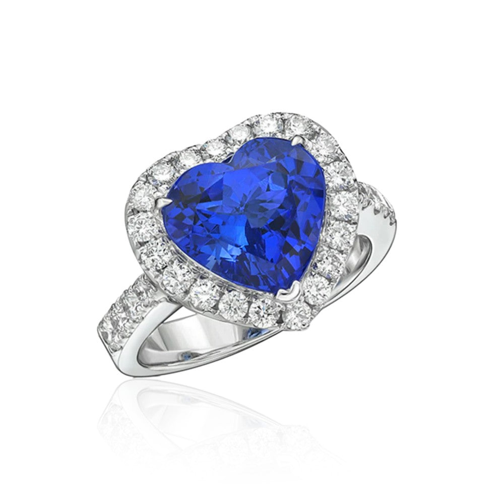 Exceptional 4.56 Ct Heart-Shaped Tanzanite Ring with Diamond Halo & Band