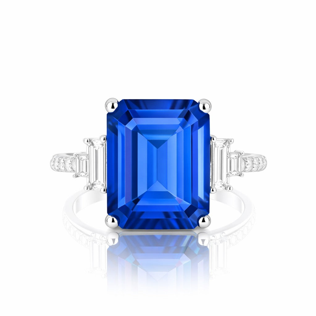 Emerald Cut Tanzanite Art Deco Ring & Baguette Diamonds.