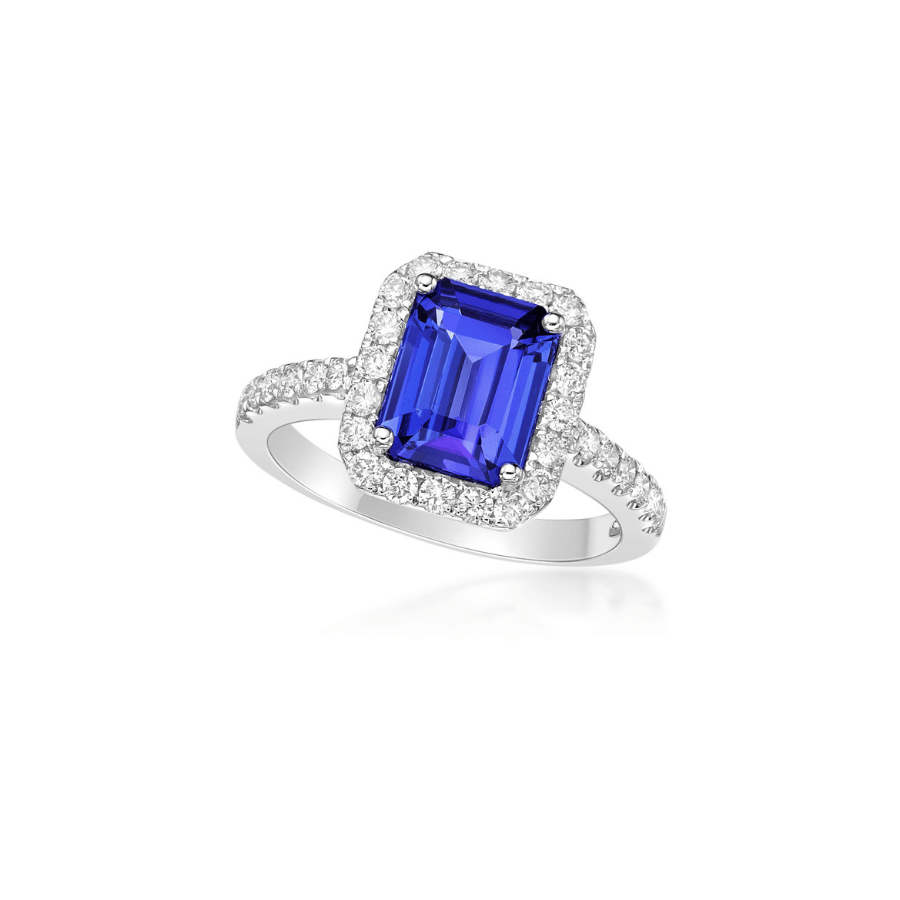 2.00 Ct Emerald Cut Tanzanite & Diamond Halo Ring
