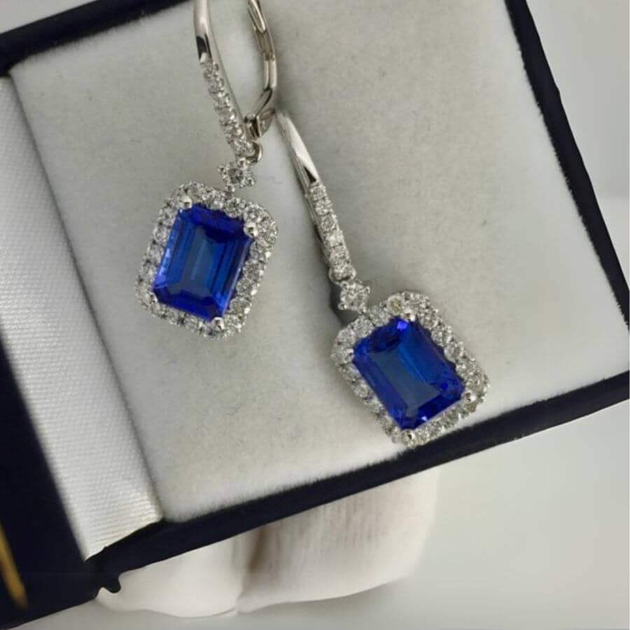 Emerald Cut Tanzanite & Diamond Halo Drop Earrings