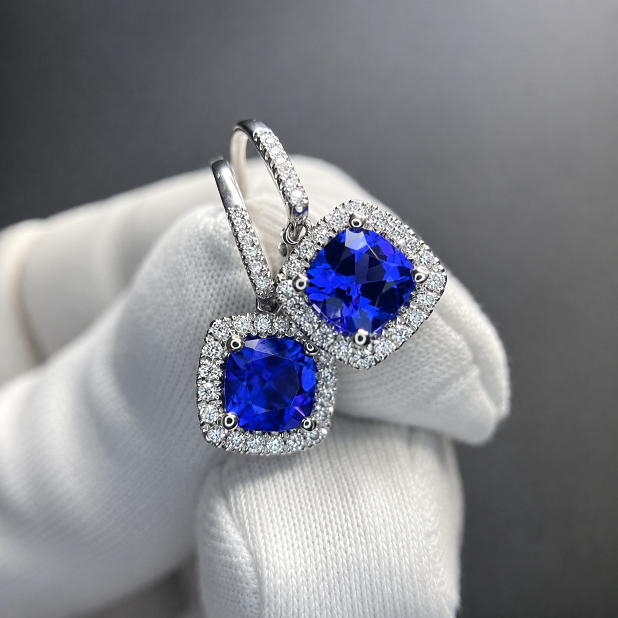 2.00 Ct Cushion Cut Tanzanite & Diamond Halo Drop Earrings