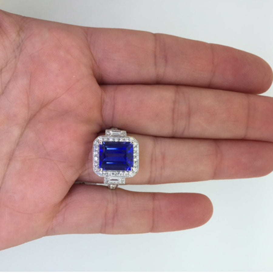 Exceptional Emerald Cut Tanzanite & Diamond Ring – Made to Order