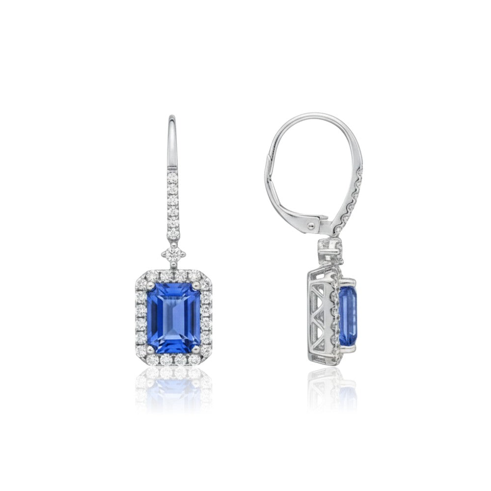 Emerald Cut Tanzanite & Diamond Halo Drop Earrings