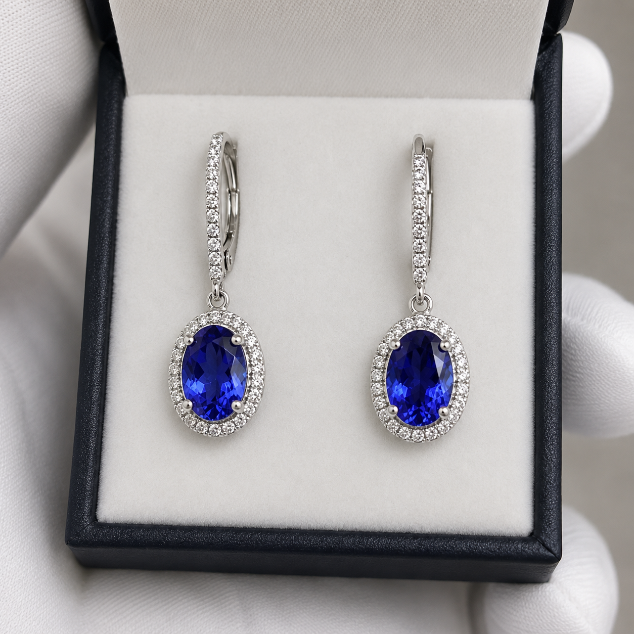 Superb Tanzanite & Diamond Halo Drop Earrings