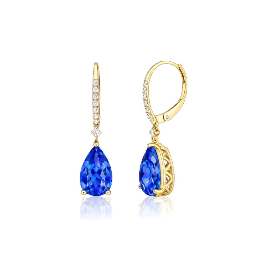 Pear-Shaped Tanzanite Drop Earrings in Yellow or Rose Gold