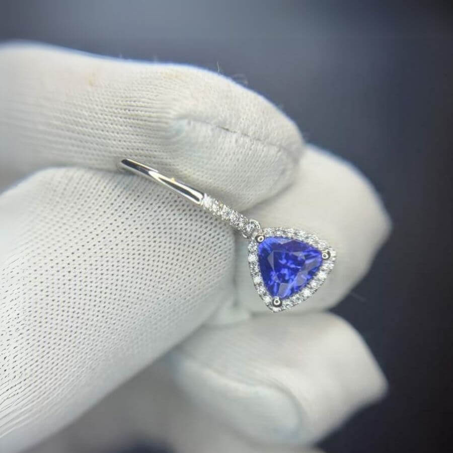Trillion Cut Tanzanite & Diamond Halo Dangle Earrings