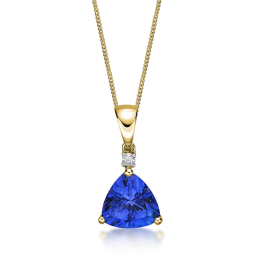 Trillion Cut Tanzanite & Diamond Pendant in White or Yellow Gold