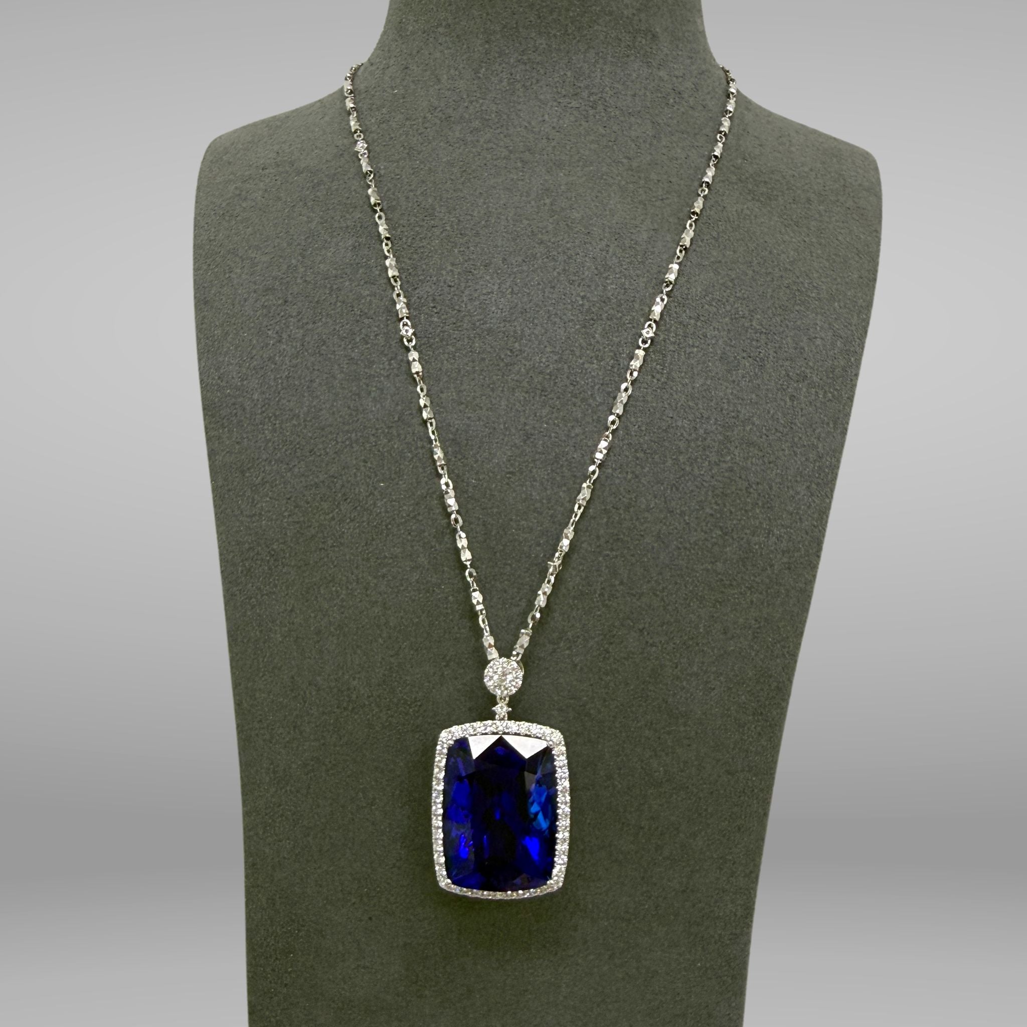 Investment-Grade Square 54 Carat Tanzanite and Diamond Pendant Necklace