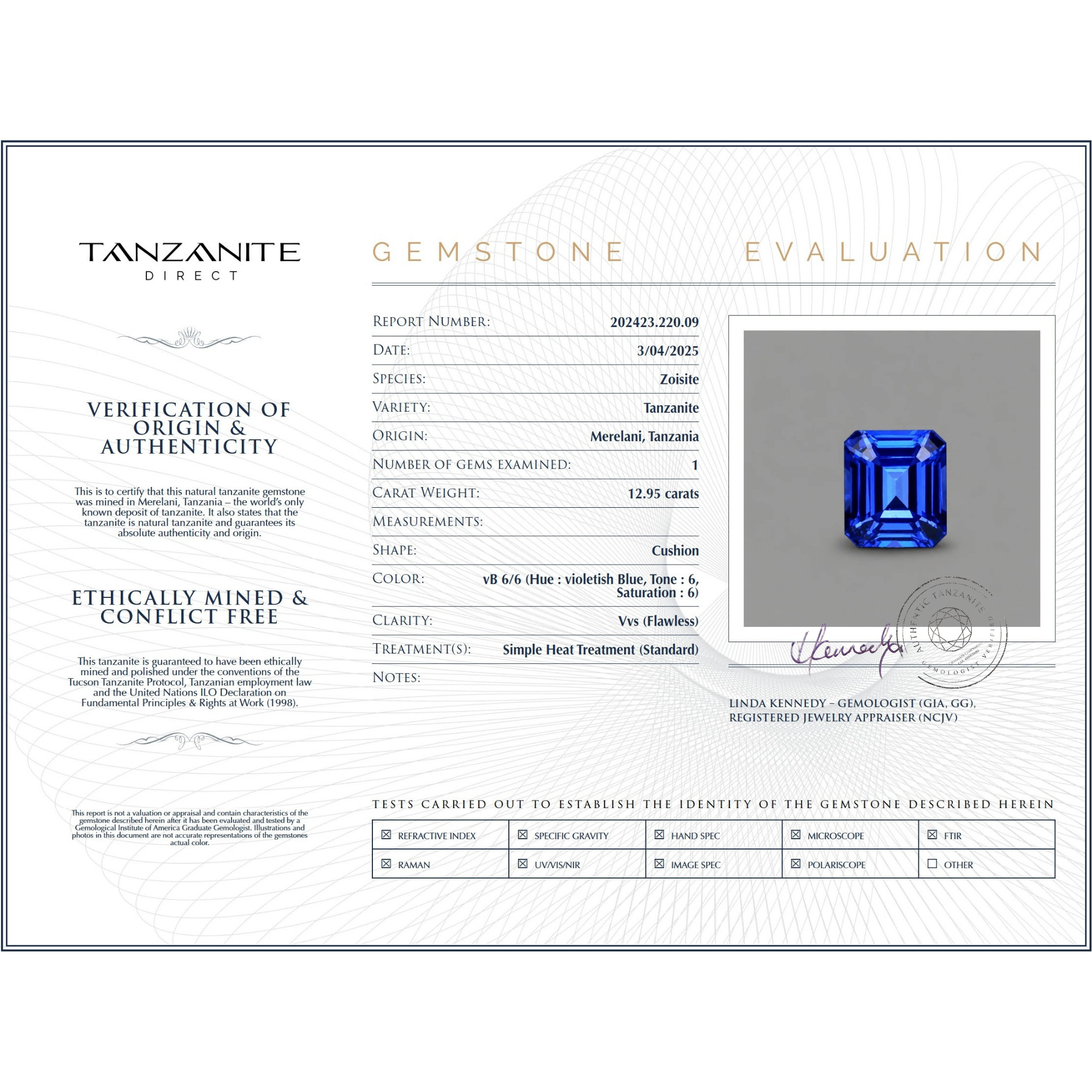 12.95 ct Smaragdgeschliffener Tansanit Edelstein – GIA Zertifikat