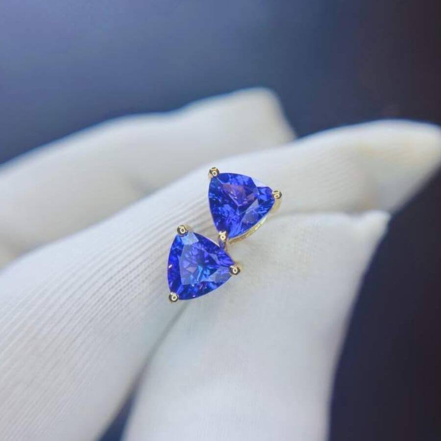 Trillion Cut Tanzanite Stud Earrings in Yellow Gold