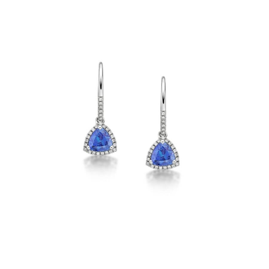 Trillion Cut Tanzanite & Diamond Halo Dangle Earrings