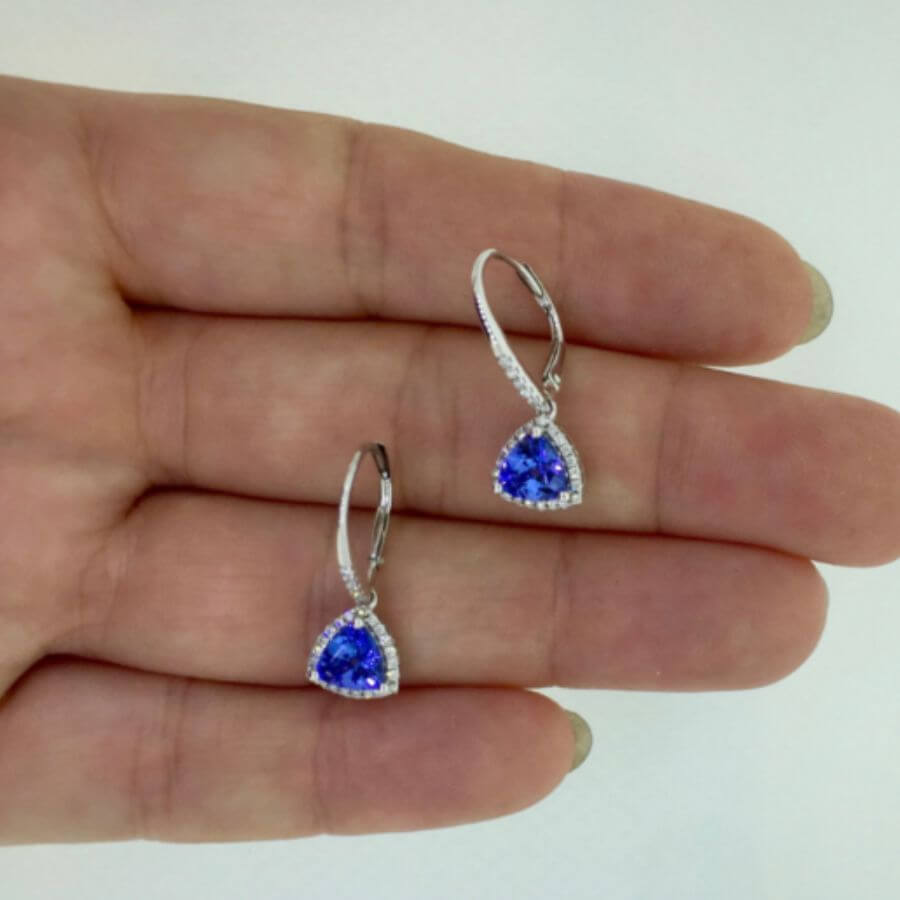 Trillion Cut Tanzanite & Diamond Halo Dangle Earrings
