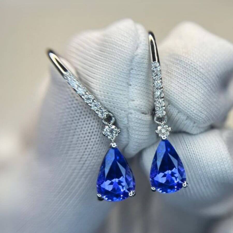 Pear-Shaped Tanzanite & Diamond Drop Earrings in White Gold