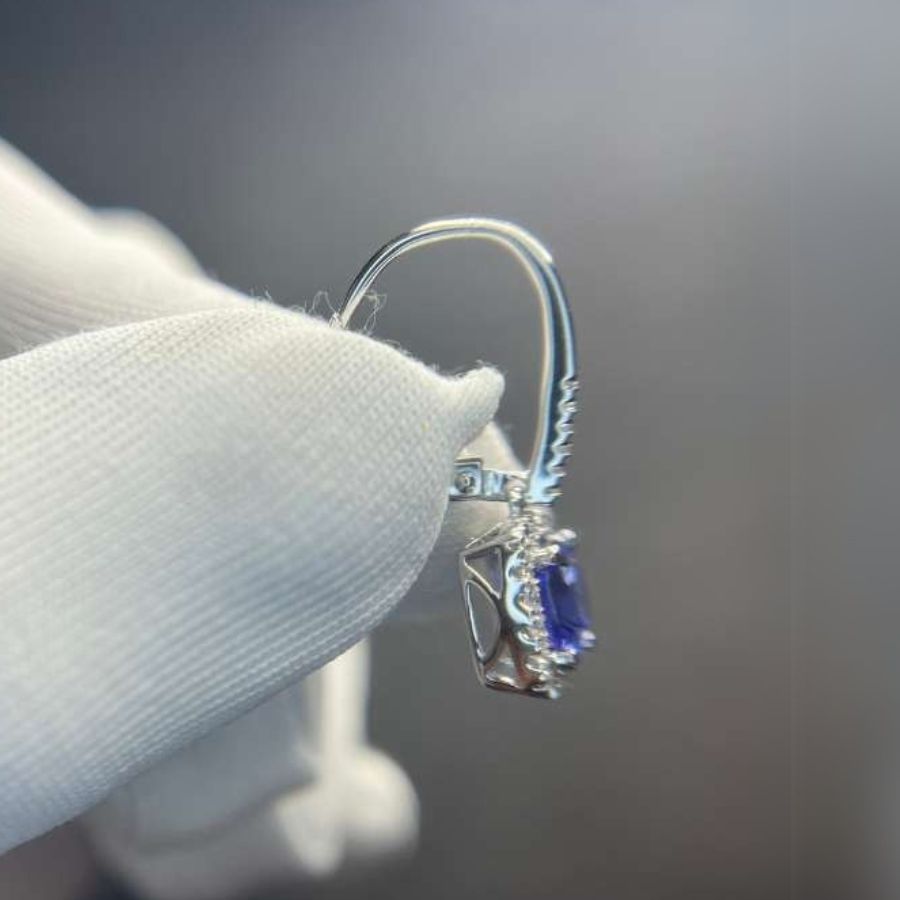 2.00 Ct Cushion Cut Tanzanite & Diamond Halo Drop Earrings