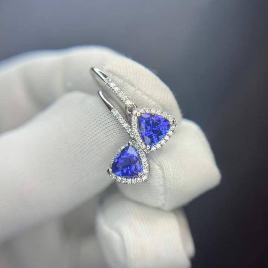 Trillion Cut Tanzanite & Diamond Halo Dangle Earrings