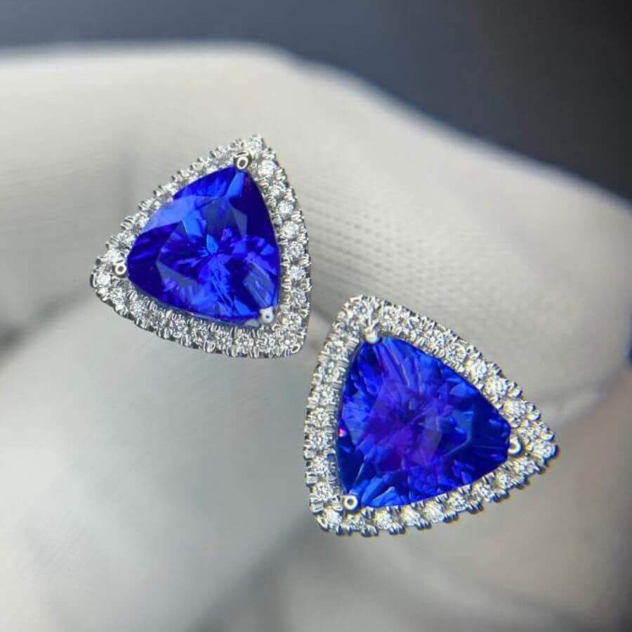 Trillion Cut Tanzanite & Diamond Halo Stud Earrings