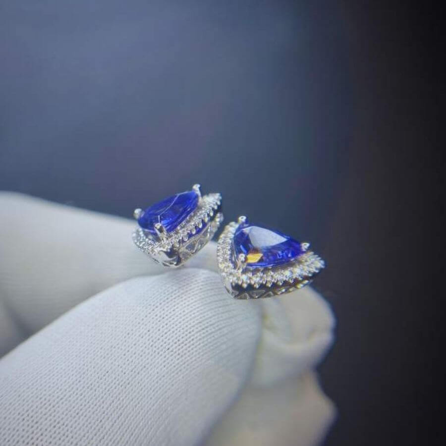 Trillion Cut Tanzanite & Diamond Halo Stud Earrings