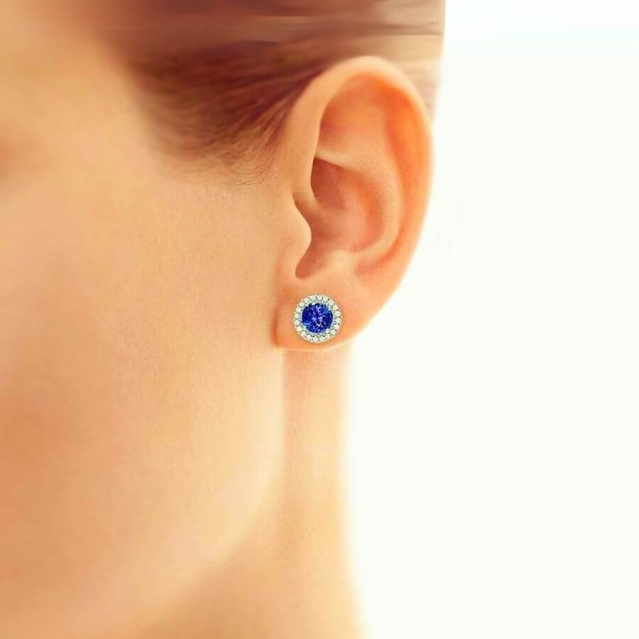 Soleste Style 3.16 Ct Round Tanzanite & Diamond Halo Stud Earrings