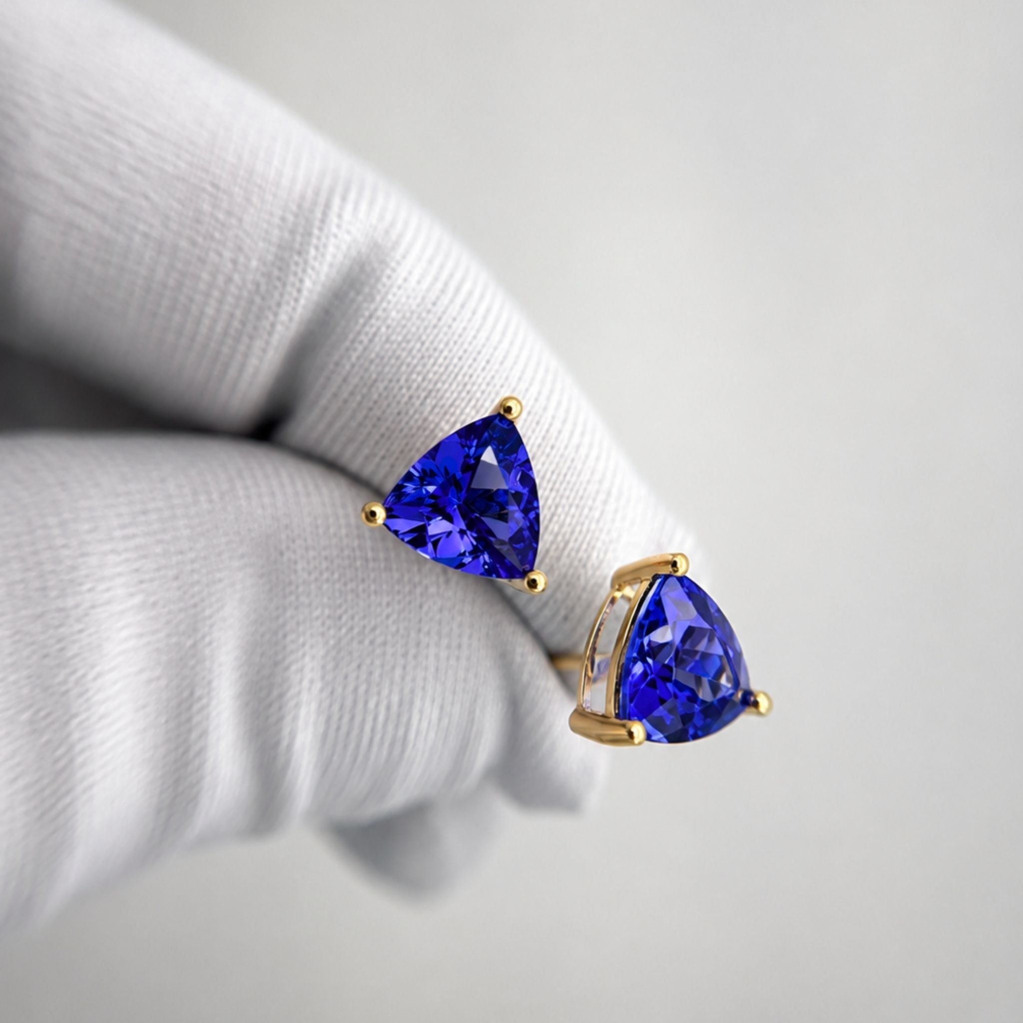 Trillion Cut Tanzanite Stud Earrings in Yellow Gold