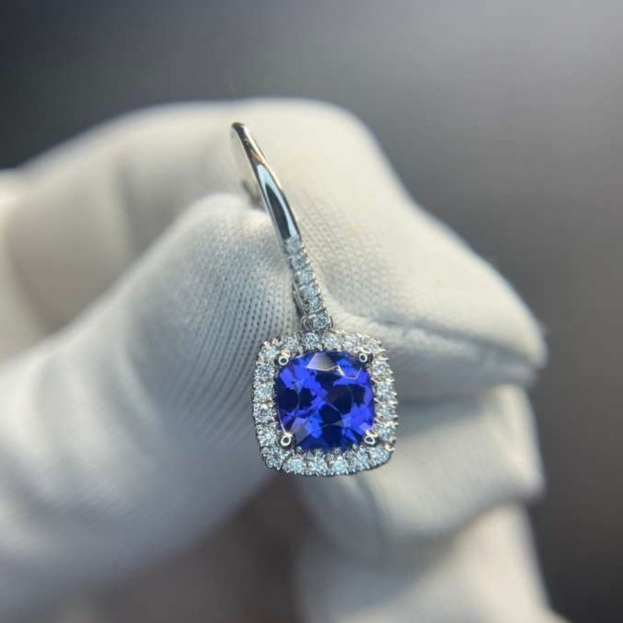 2.00 Ct Cushion Cut Tanzanite & Diamond Halo Drop Earrings