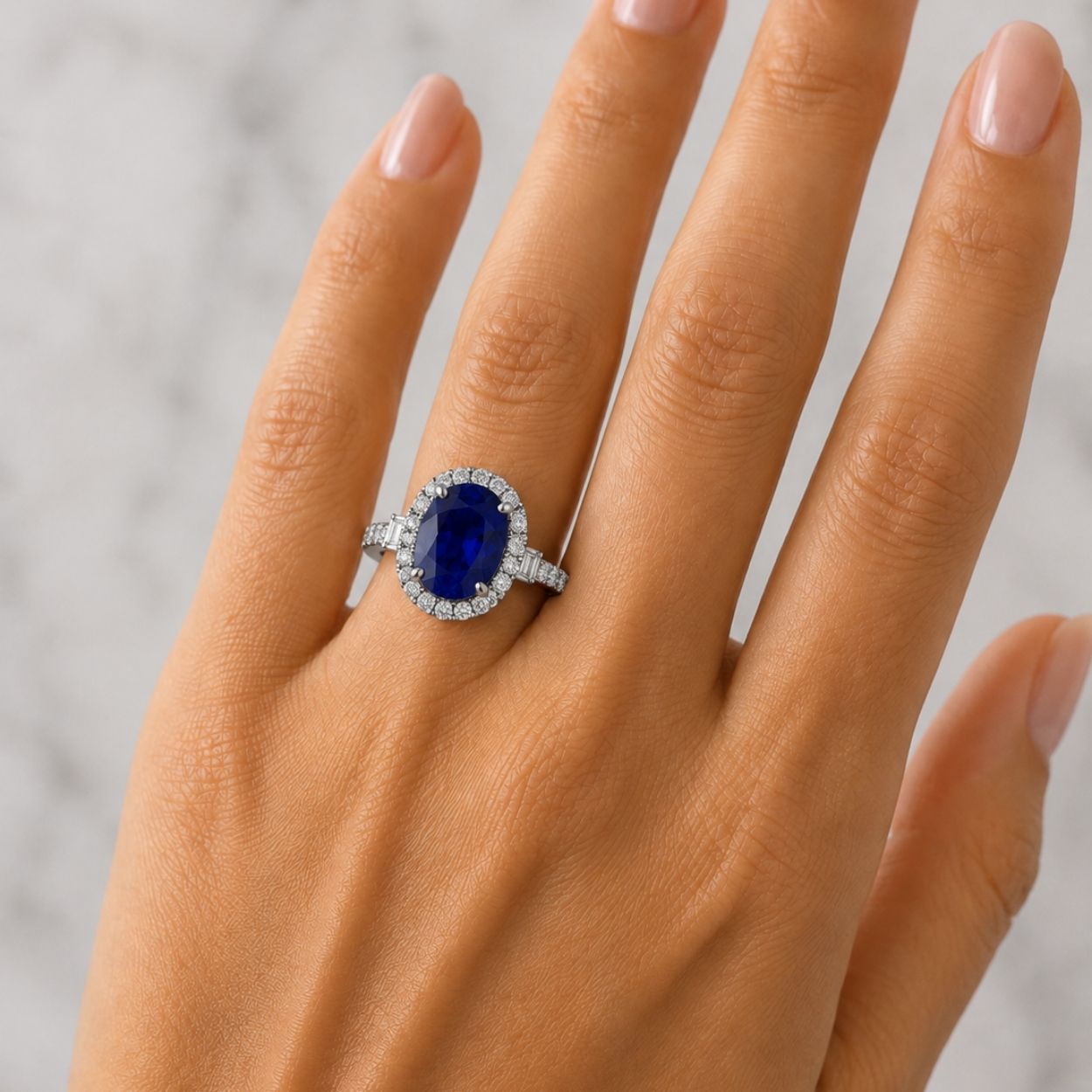3.25 CT Oval Tanzanite Ring with Baguette Diamonds & Halo - Made to Order